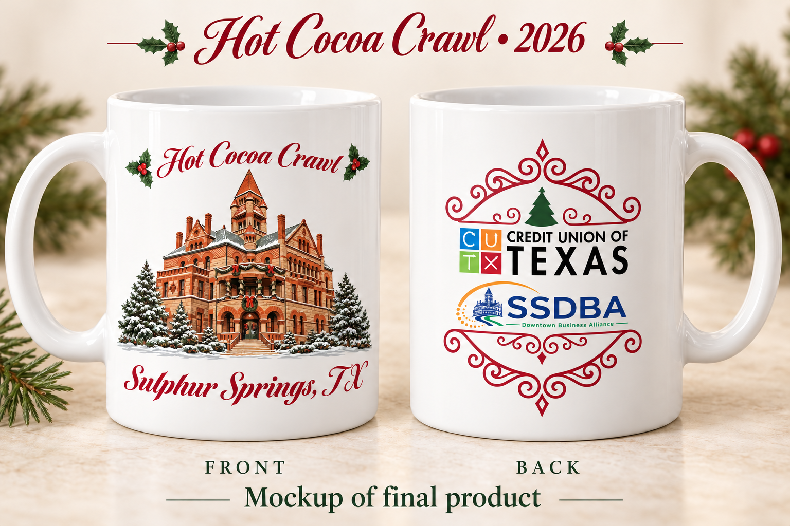 Hot Cocoa Crawl 2026 mug, front and back